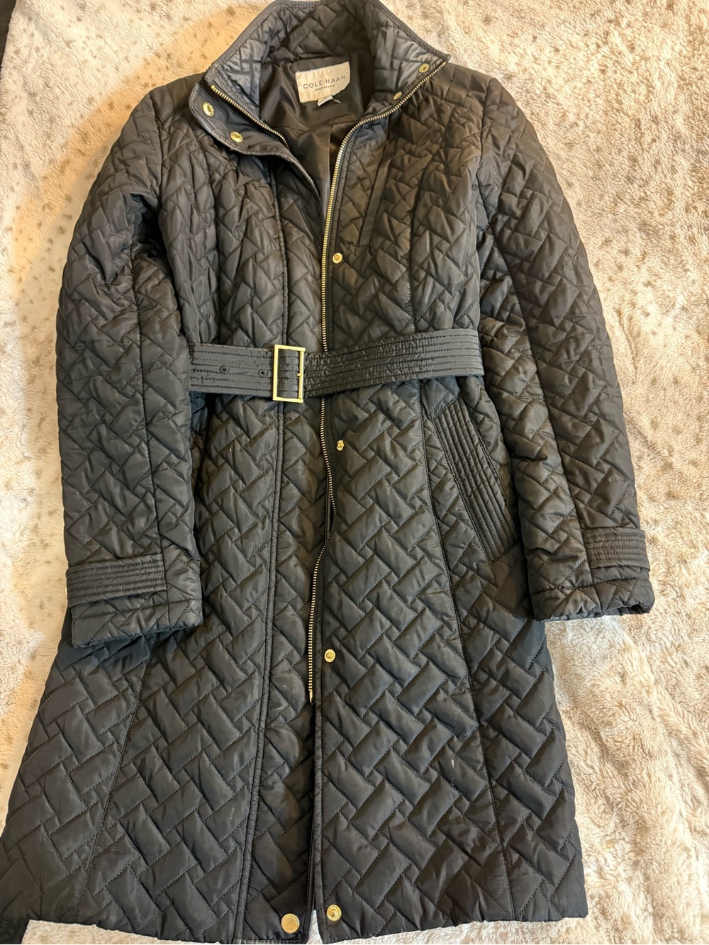 Cole Haan Black Quilted Belted Long Coat with Gold Hardware